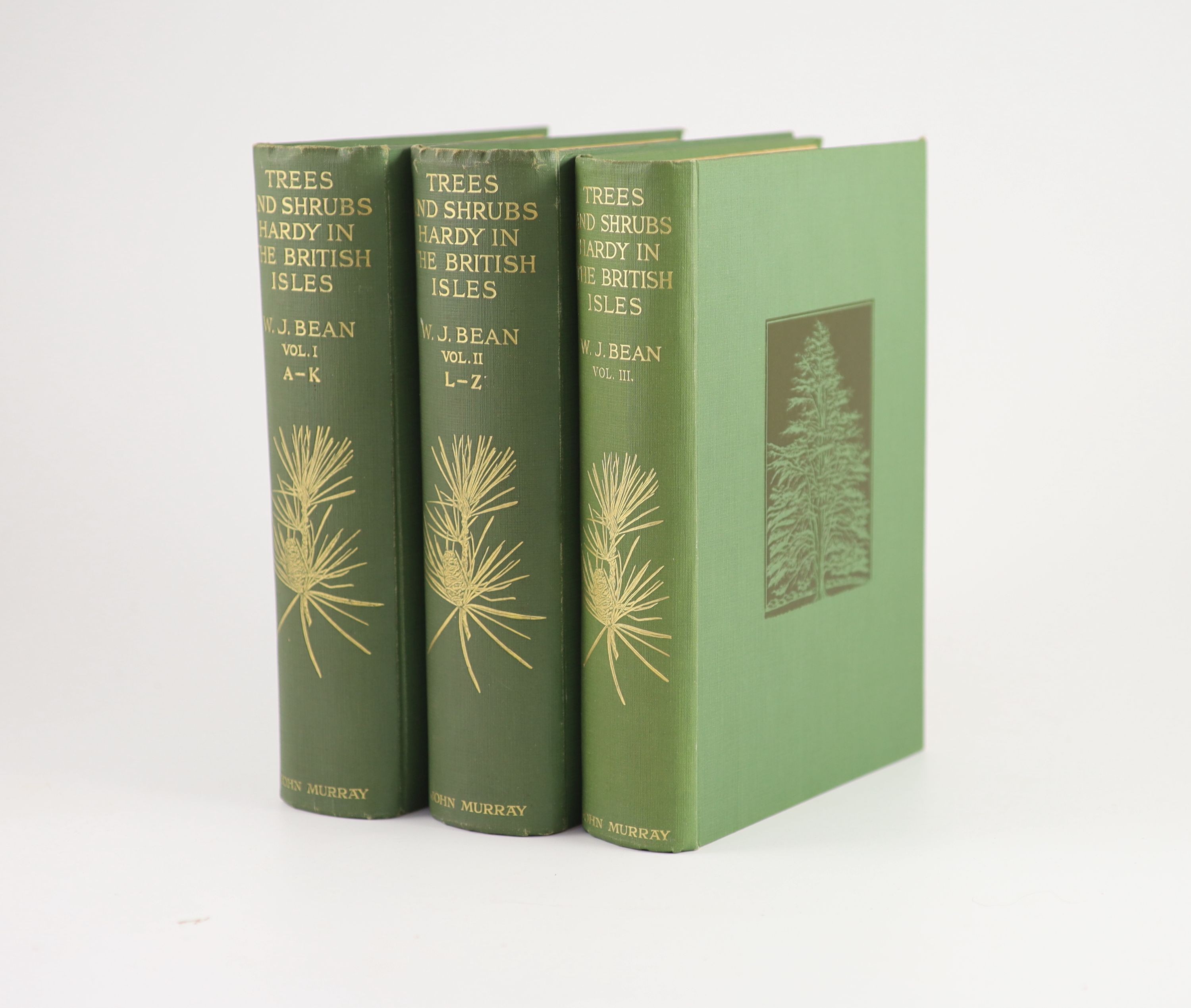 Bean. W.J - Trees and Shrubs Hardy in the British Isles, 3 vols, 4th edition, 8vo, green pictorial cloth, London, 1925